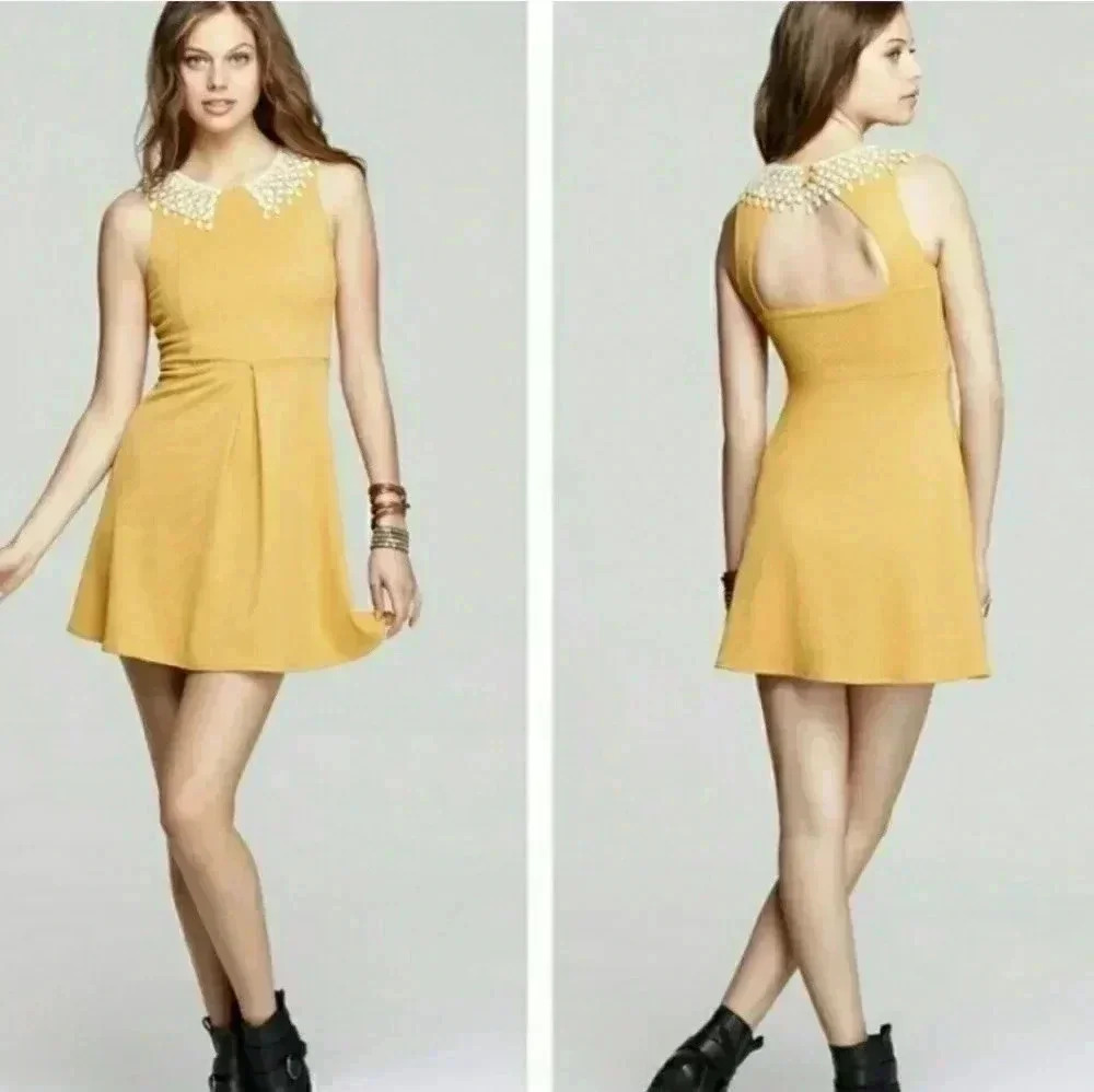 Free People Yellow Waffle Dress Crochet Collar